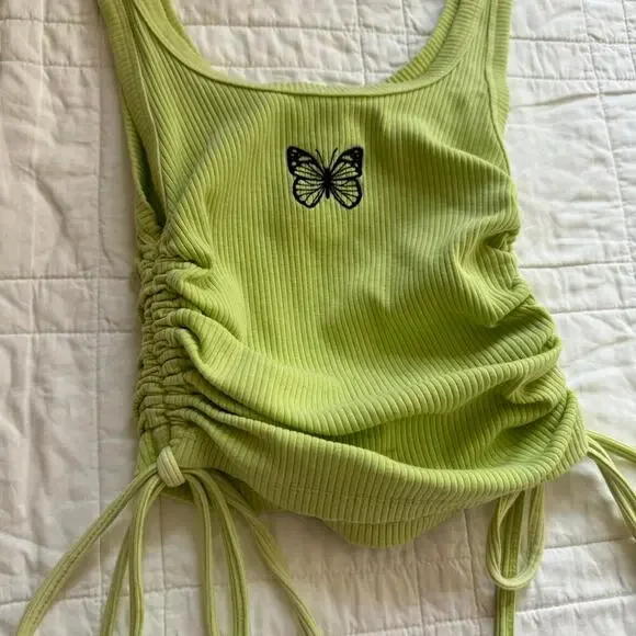Forever 21 sz small Y2k butterfly embroidered crop top lime ruched ties fairy - Picture 2 of 7
